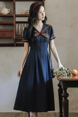 Dark Blue Navy Collar Short Sleeves Subtle Pattern Bow Classic College Style Lolita Dress - Product - 9