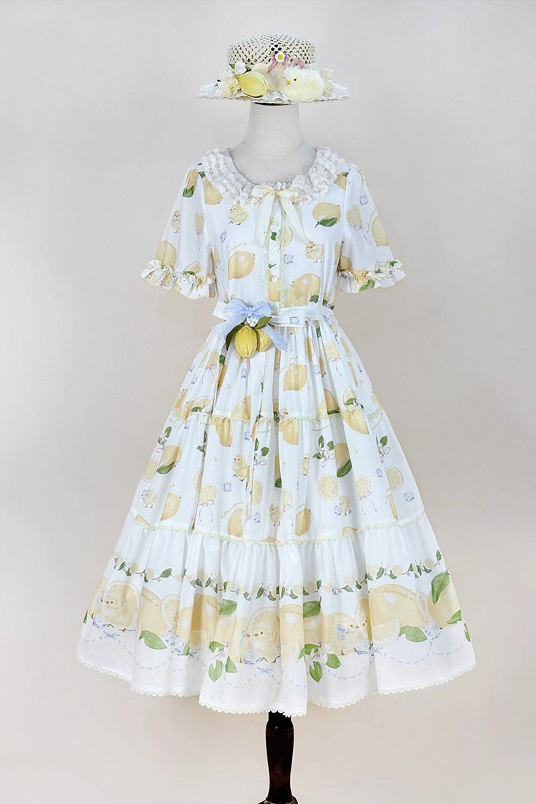 White [Lemon Chicken] Short Sleeves Print Ruffle Bowknot Lace Daily Sweet Lolita Dress - Product - 3