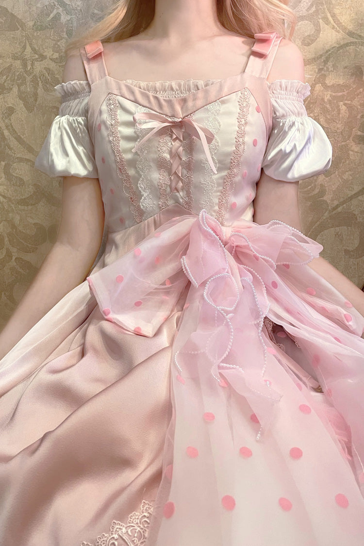 Pink [Polka Waltz] Sleeveless Print Bowknot Stitching Lace Sweet Lolita Jsk Dress - Product - 3
