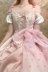 Pink [Polka Waltz] Sleeveless Print Bowknot Stitching Lace Sweet Lolita Jsk Dress - Product - 3