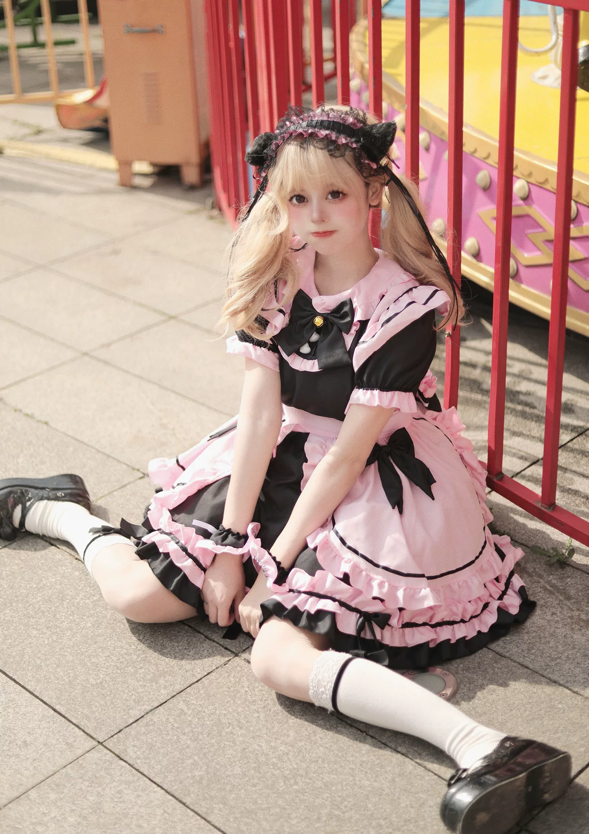 Black and Pink Ruffled Maid Style Dress with Headpiece Accent - view 6