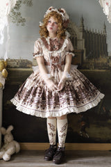 Brown [Teddy Bear Party] Round Collar Short Sleeves Printed Ruffled Bow Daily Sweet Lolita Dress - Product - 14