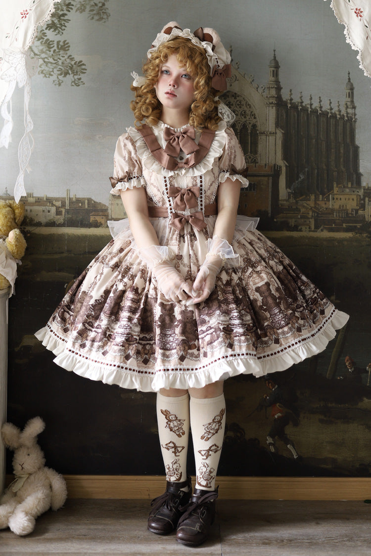 Brown [Teddy Bear Party] Round Collar Short Sleeves Printed Ruffled Bow Daily Sweet Lolita Dress - Product - 14