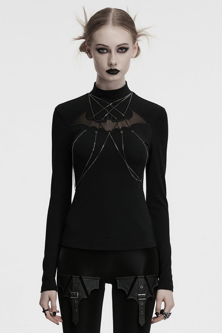 Black Stand Collar Long Sleeves Bat Stitching Mesh Chain Women's Gothic Blouse - Black - 1