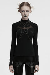 Black Stand Collar Long Sleeves Bat Stitching Mesh Chain Women's Gothic Blouse - Black - 1