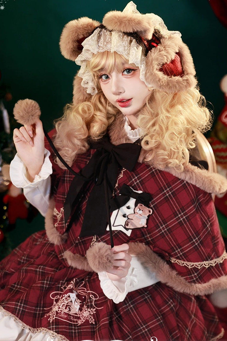 Red [Chestnut Bear Cocoa] Multi-Layered Christmas Plaid Print Ruffle Bowknot Sweet Lolita Jsk Dress Cloak - Product - 4