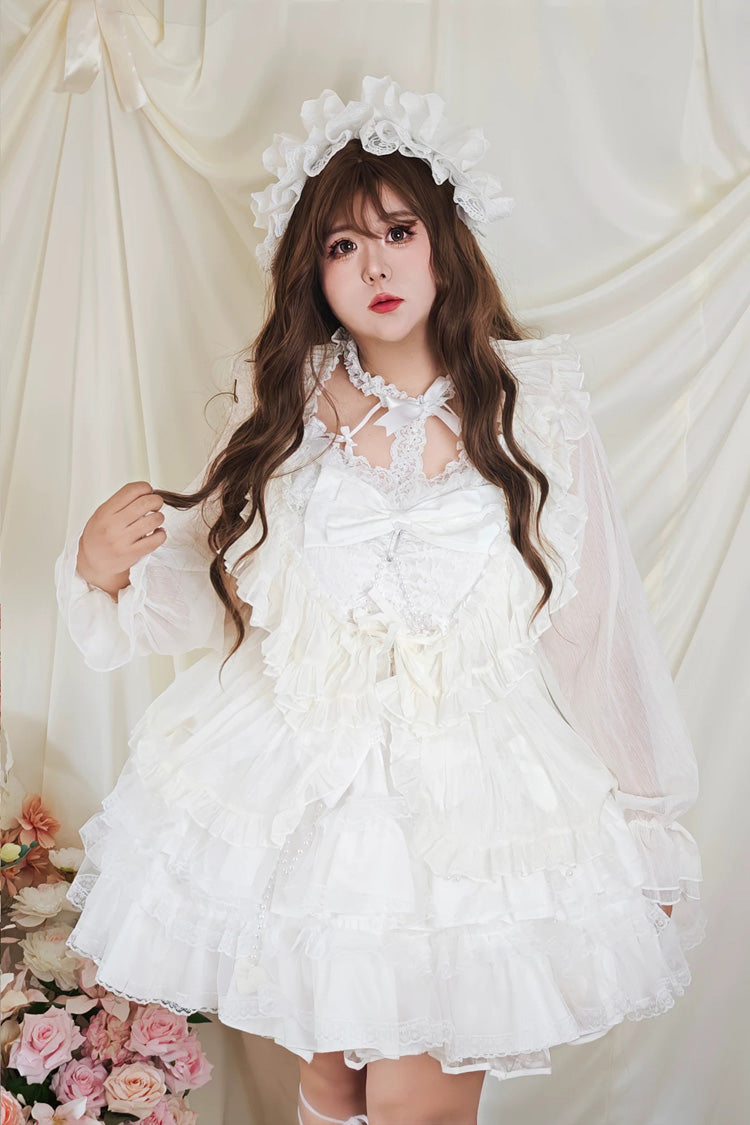 White Sleeveless Multi-Layered Ruffled Bow Lace Pearl-Decorated Sweet Plus Size Lolita Dress - Product - 2