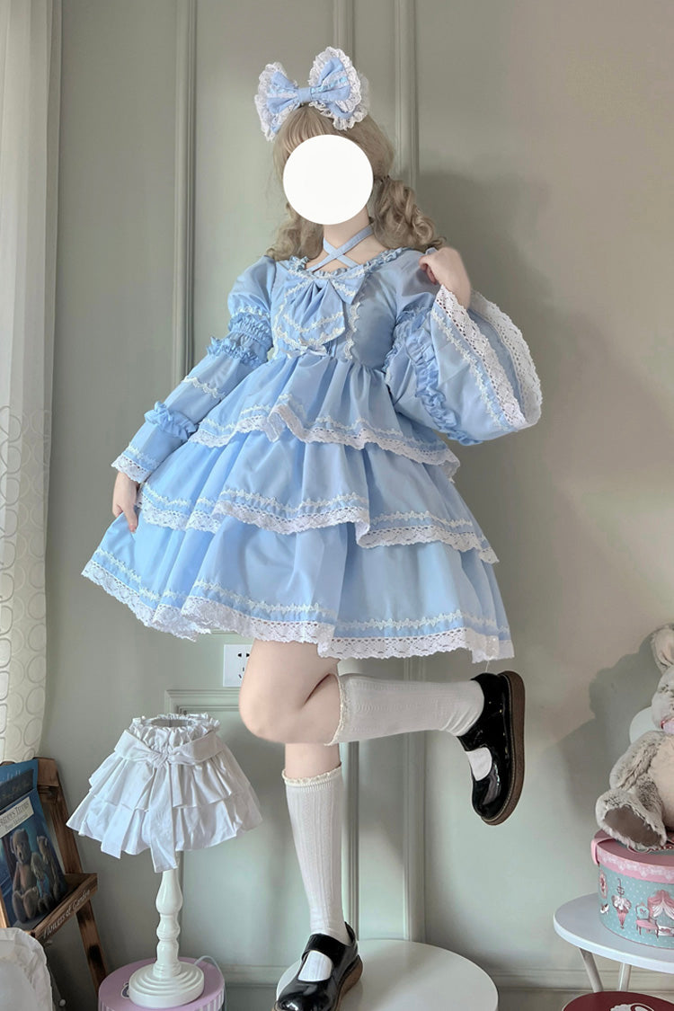 Blue Triple-Layered Detachable Sleeves Bowknot Lace-Up Sweet Lolita Dress - Product - 2