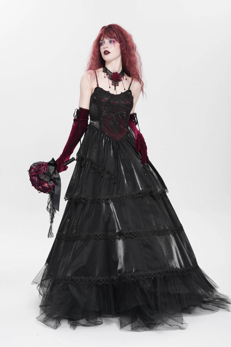Black Sleeveless Multi-Layered Embroidery Pearl Women's Gothic Slip Dress - Product - 12