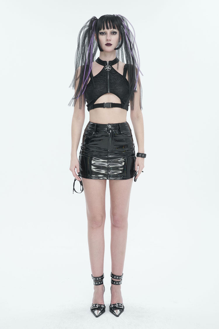 Black Iridescent Mirrored Side Slit Adjustable Women's Gothic Skirt - Product - 4