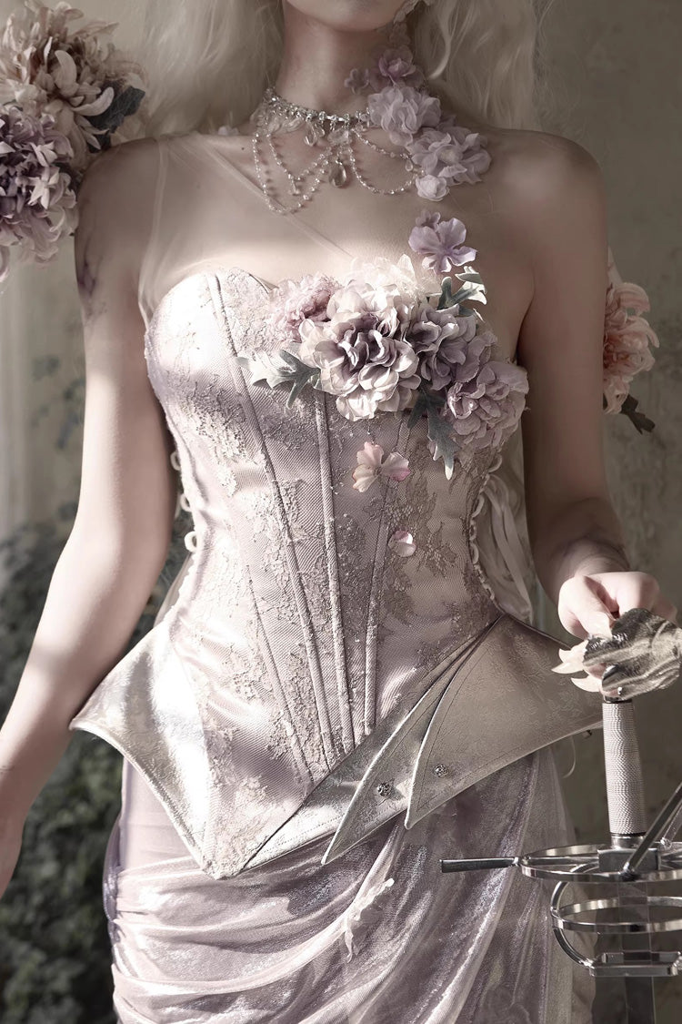 Pink [Moonlight Beast Spirit] Elf-style One-shoulder Printed 3D Floral Asymmetric Fishbone Sweet Corset - Pink - 1