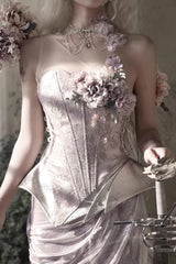 Pink [Moonlight Beast Spirit] Elf-style One-shoulder Printed 3D Floral Asymmetric Fishbone Sweet Corset - Pink - 1