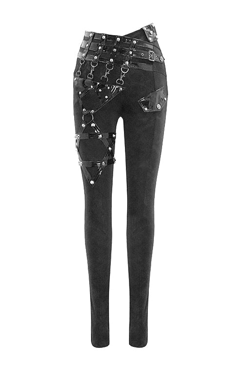 Black Punk Leather Loops Asymmetric Knitted Stretch Womens Pants - Black - 1
