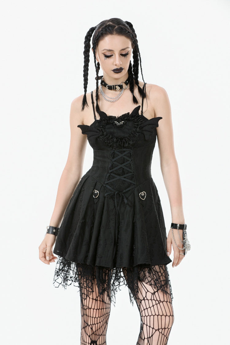 Black Sleeveless Lace Lace-Up Pleated Women's Gothic Dark Demon Slip Dress - Black - 1