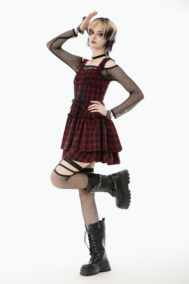Red/Black Sleeveless Layered Plaid Ruched Women's Cake Dress Graduation Dress - Product - 11