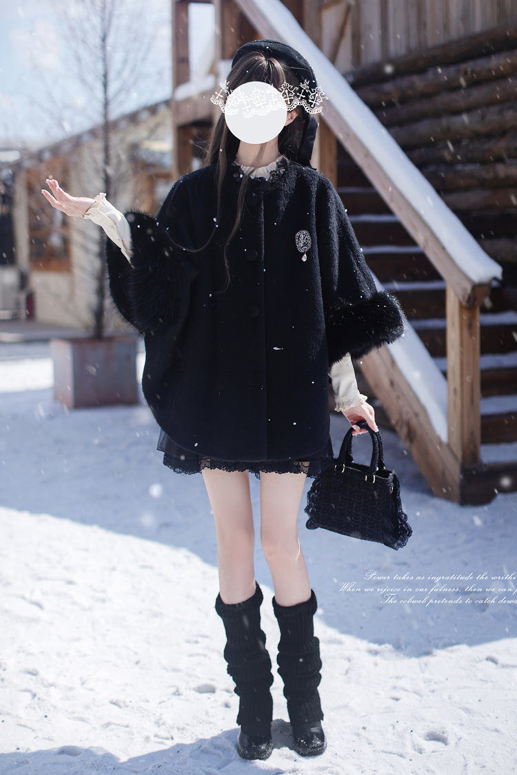 Black Long Sleeves Lace Gothic Japanese Lolita Fluffy Cloak Coat - Product - 2