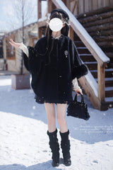 Black Long Sleeves Lace Gothic Japanese Lolita Fluffy Cloak Coat - Product - 2