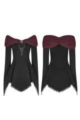 Black Bertha Neck Off Shoulder Long Sleeves Embroidery Women's Punk Blouse - Product - 5