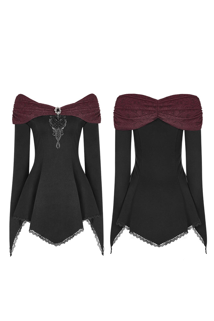 Black Bertha Neck Off Shoulder Long Sleeves Embroidery Women's Punk Blouse - Product - 5