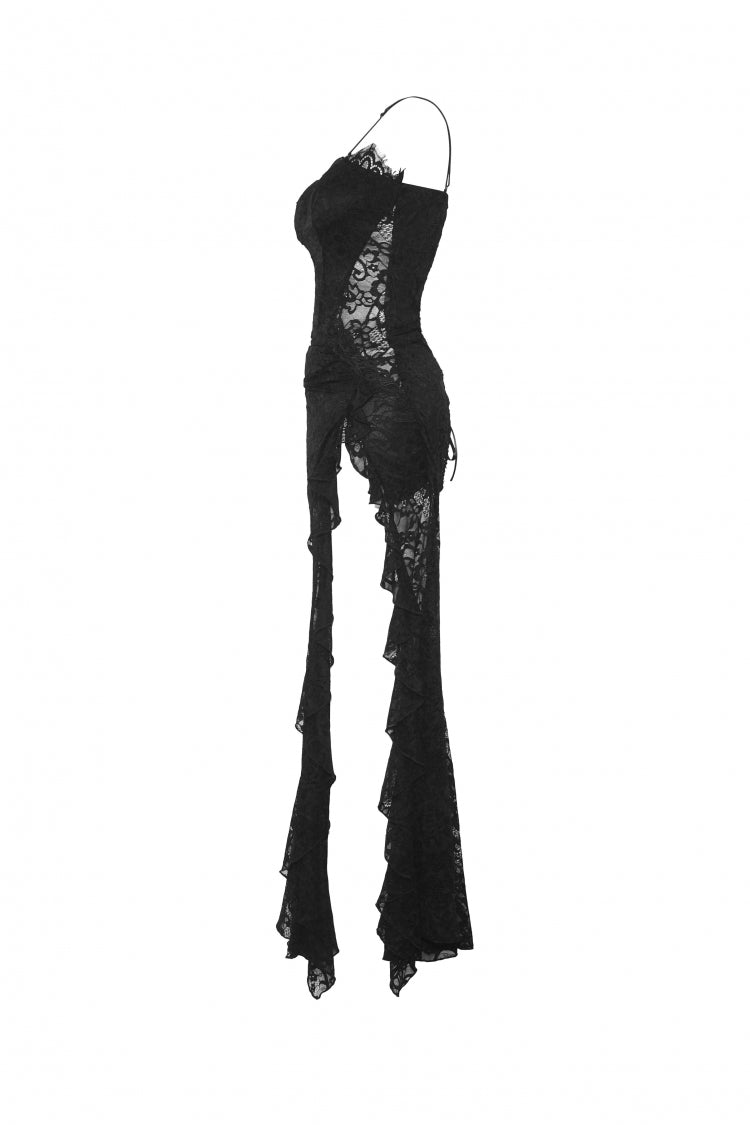Black Sleeveless Side Slit Ruffled Lace Lace-Up Women's Gothic Maxi Slip Wedding Dress - Product - 13