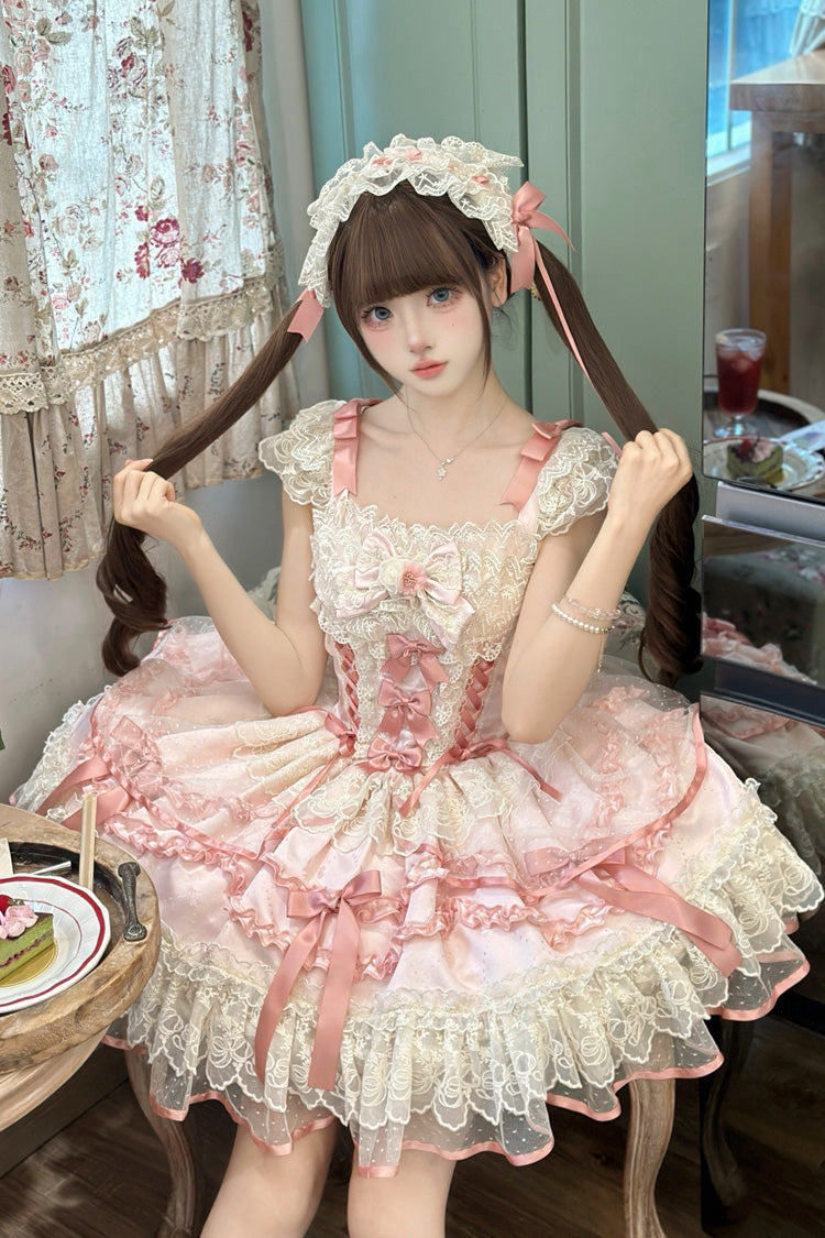 Pink [Dreaming Butterfly] Multi-Layered Jacquard Ruffle Bowknot Lace Sweet Princess Lolita Jsk Dress - Product - 2
