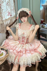 Pink [Dreaming Butterfly] Multi-Layered Jacquard Ruffle Bowknot Lace Sweet Princess Lolita Jsk Dress - Product - 2