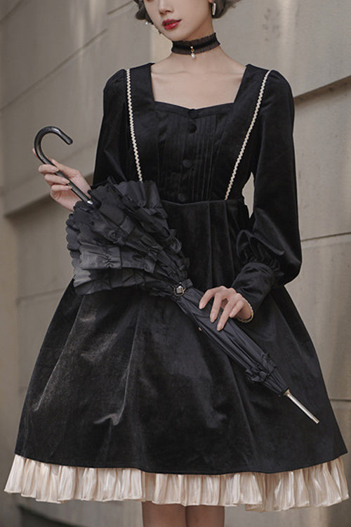 Black Velvet Fake Collar High Waist Classic Lolita OP Dress - Black - 1
