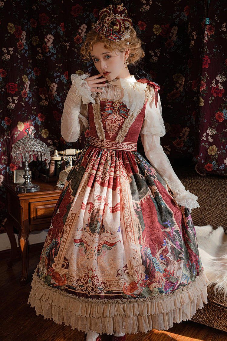 Red [Kaleidoscope of Dreams] Sleeveless Double-Layered Print Embroidery Bowknot Classic Vintage Gorgeous Lolita Jsk Dress - Product - 3