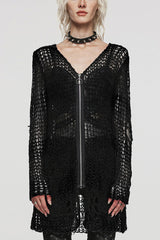 Long Sleeves Striped Print Zipper Irregular Ripped Women's Steampunk Sweater 4 Colors - Black - 25