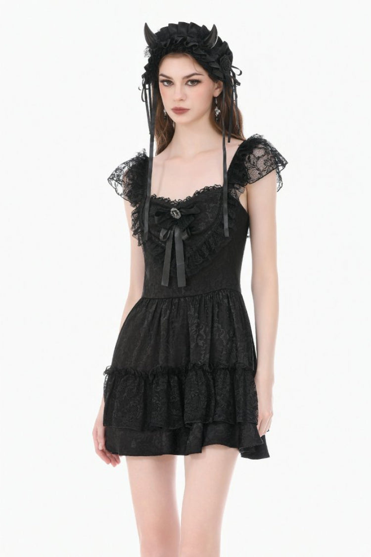 Black Flutter Sleeves Jacquard Bowknot Lace Ruffled Lace-Up Women's Gothic Cake Mini Dress - Black - 1