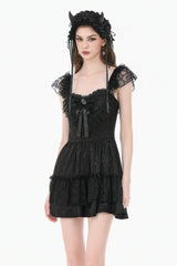 Black Flutter Sleeves Jacquard Bowknot Lace Ruffled Lace-Up Women's Gothic Cake Mini Dress - Black - 1