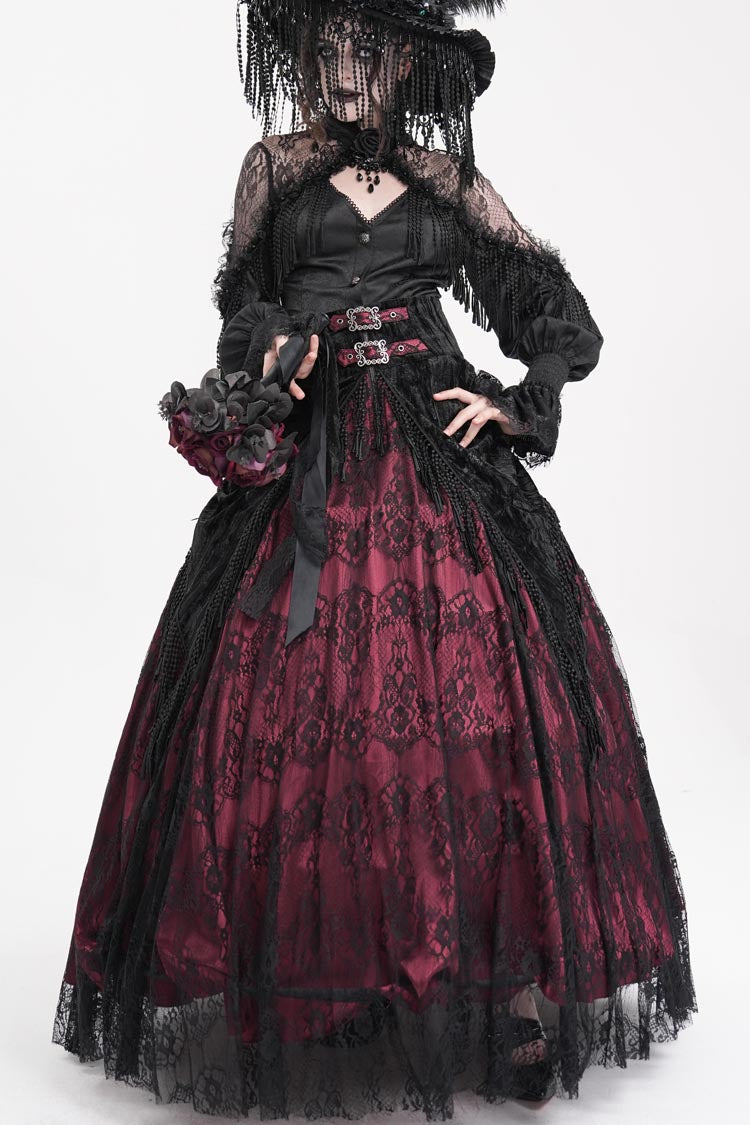 Wine Red Print Embroidery Tassels Buckle-up Lace-Up Women's Gothic Long Skirt - Product - 7
