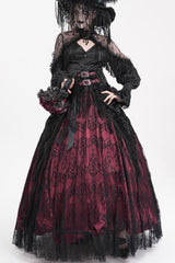 Wine Red Print Embroidery Tassels Buckle-up Lace-Up Women's Gothic Long Skirt - Product - 7