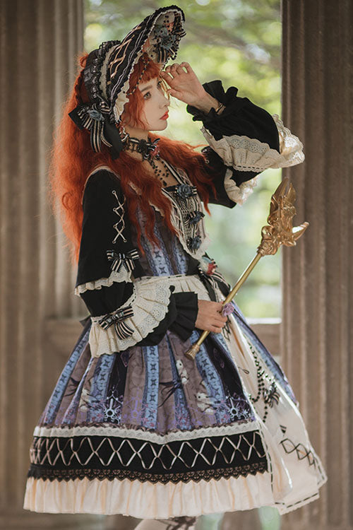 Multi-Color Finches In The Mirror Print Cardigan Long Sleeves Princess Ruffled Classic Lolita OP Dress - Product - 3