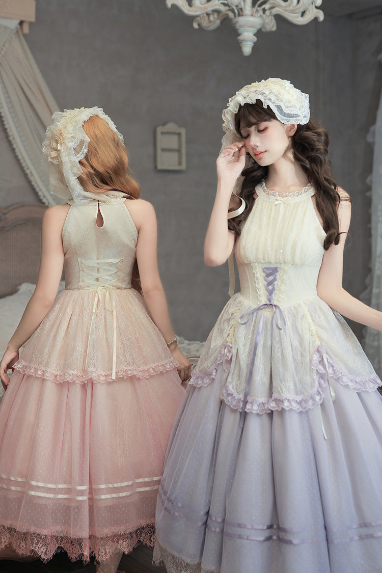[Tulip Scent] Halterneck Sleeveless Printed Ruffled Lace Lace-Up Fishbone Sweet Lolita Jsk Dress Set (Pink/Purple 2 Colors) - Product - 3