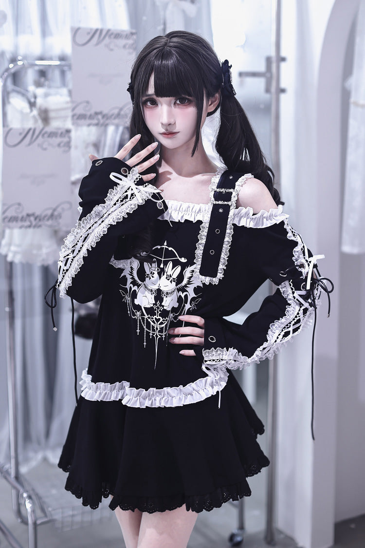 Black [Bandage Bunny] Off Shoulder Long Sleeves Ruffled Embroidered Bow Lace Punk Jirai Kei Japanese Dress - Black - 1