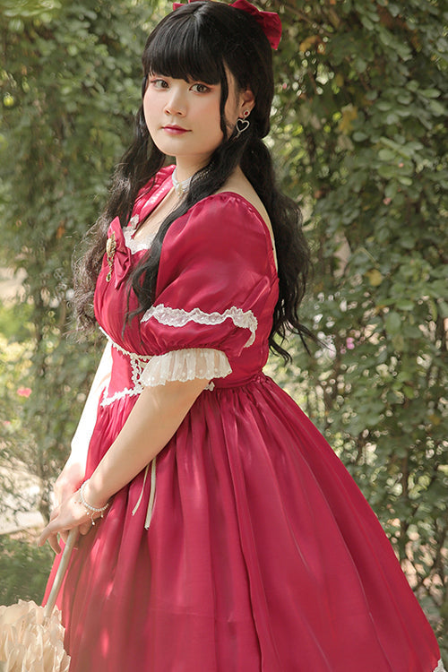 Square Collar Lace Short Sleeves High Waisted Plus Size Sweet Lolita OP Dress - Red - 6