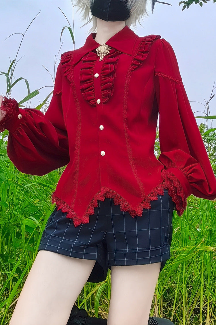 [Late Night] Lapel Collar Long Sleeves Ruffle Lace Slim Sweet Lolita Blouse 6 Colors - Product - 20