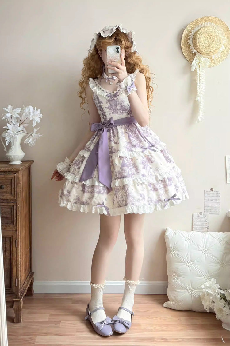 Purple [Grape Moon Almanac] Sleeveless Multi-Layered Printed Ruffled Bow Adjustable-Length Sweet Lolita Jsk Dress - Product - 5