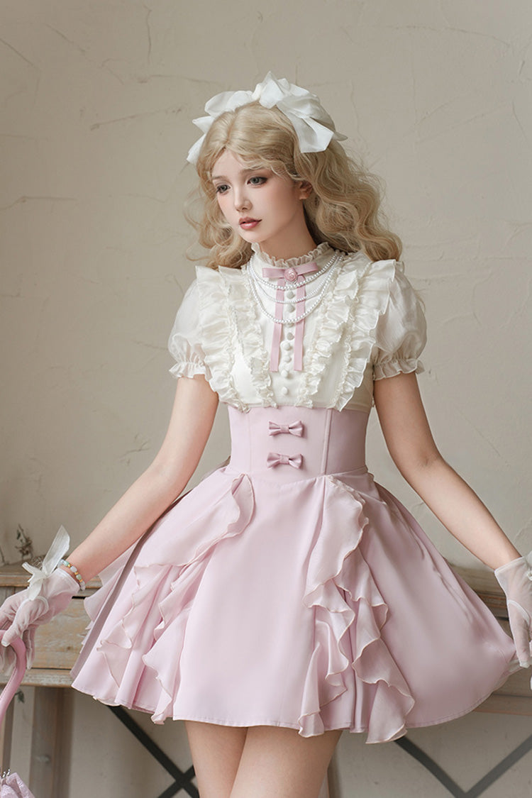 Pink/Apricot [Miss Lola] Stand Collar Short Sleeves Ruffle Bowknot Sweet Lolita Dress - Product - 6