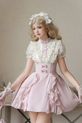 Pink/Apricot [Miss Lola] Stand Collar Short Sleeves Ruffle Bowknot Sweet Lolita Dress - Product - 6