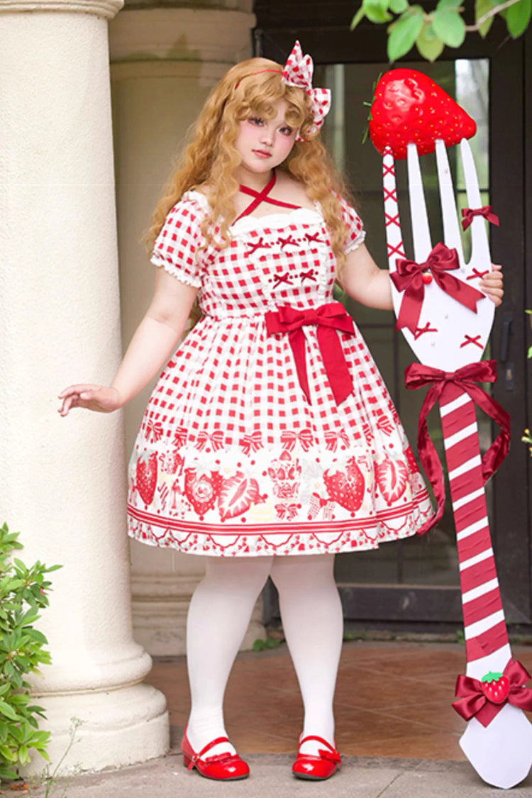 Red Short Sleeves Strawberry Plaid Print Bowknot Sweet Plus Size Princess Lolita Dress - Product - 2