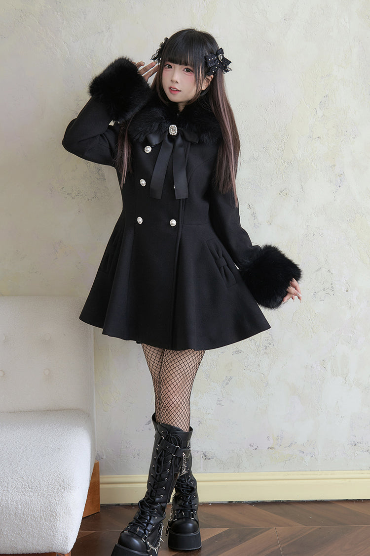 Black Double-Breasted Long Sleeves Bowknot Japanese Sweet Lolita Coat - Product - 3