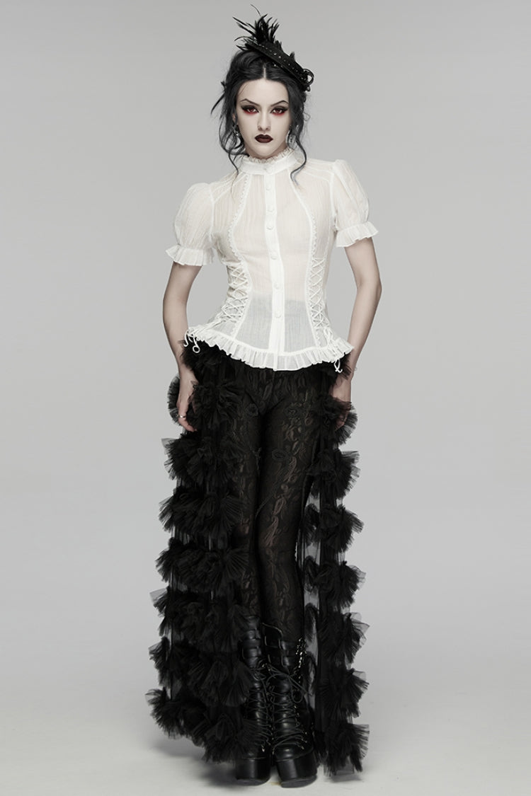 White Stand Collar Short Puff Sleeves Ruffled Lace-Up Women's Gothic Blouse - Product - 4