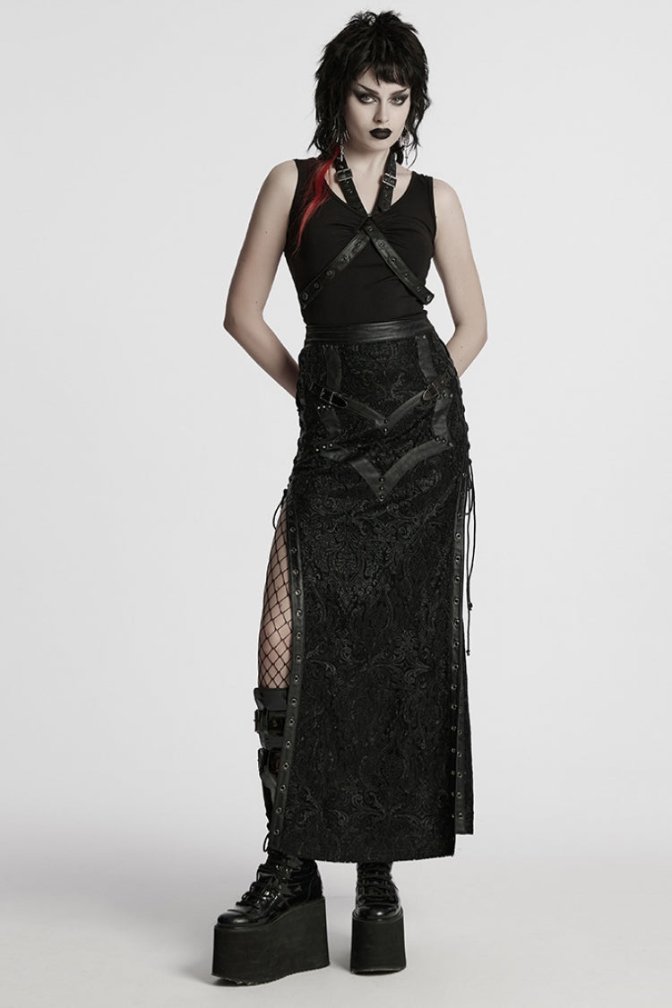 Black Studded Embossed Embroidery Lace-Up Women's Gothic Skirt - Product - 4