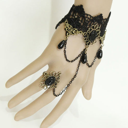 Black Retro Christmas Festive Lace Edge Pearl Wishing Female Gothic Lolita Ring Bracelet - Black - 1