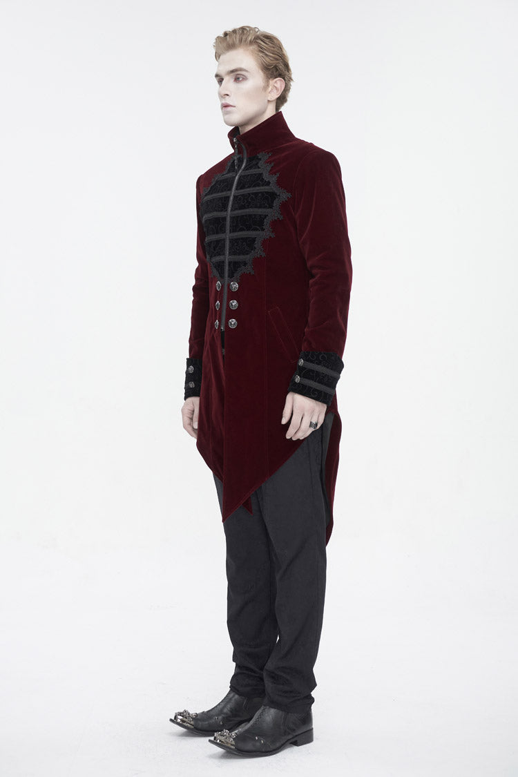 Red Stand Collar Lace Splice Swallow Tailed Men's Gothic Coat - Product - 6