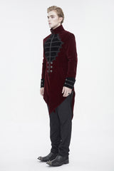 Red Stand Collar Lace Splice Swallow Tailed Men's Gothic Coat - Product - 6