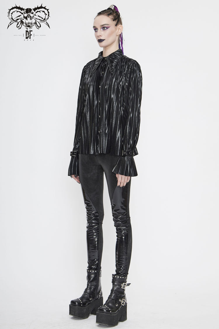 Black Metal Buckles Cuff Bright Pleated Pointed Collar Leather Loops Women's Punk Blouse - Product - 5