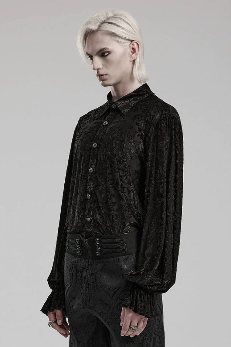 Black Lapel Collar Long Trumpet Sleeves Bronzing Pattern Print Mens Gothic Gorgeous Blouse - Product - 2